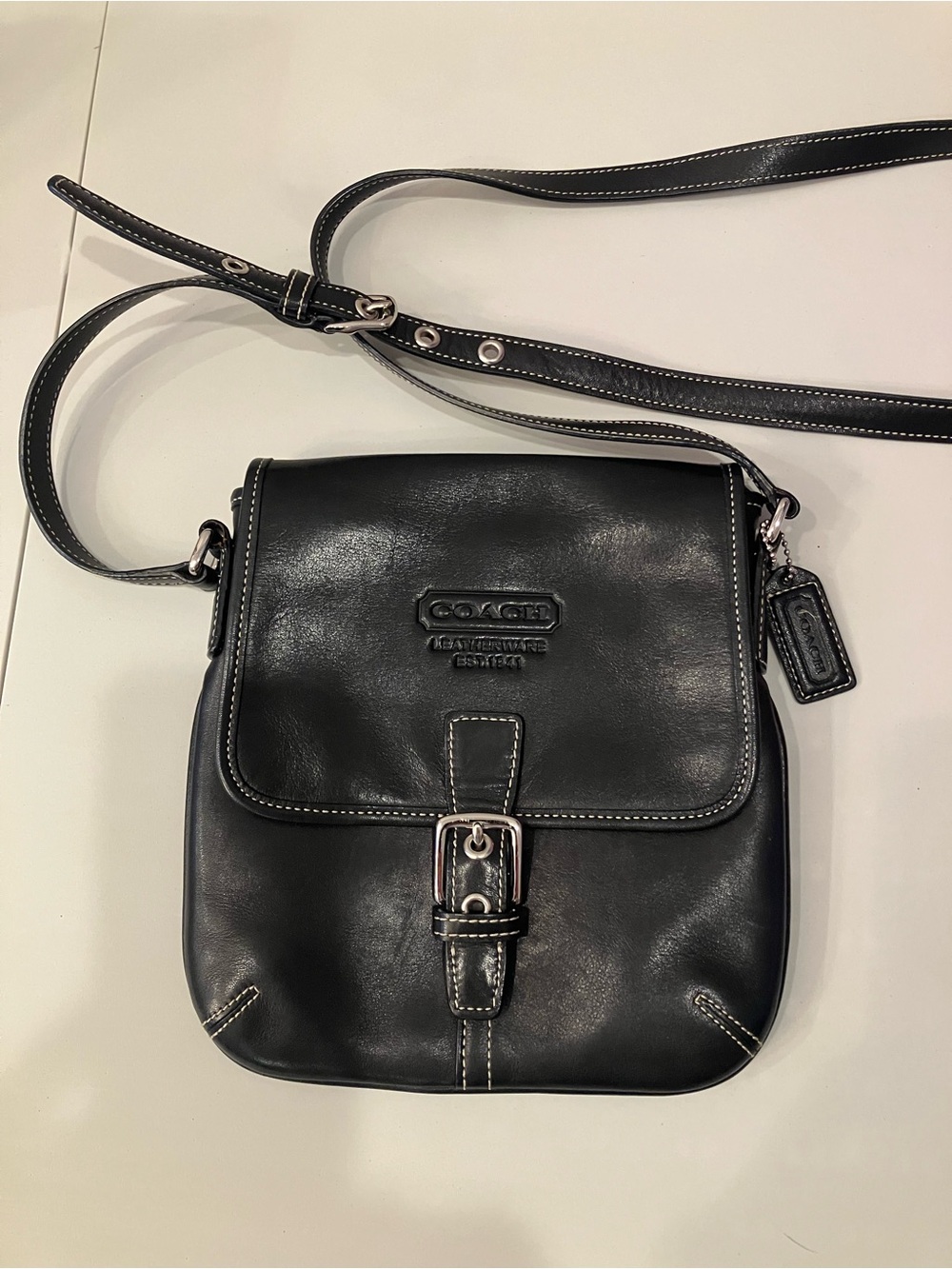 Coach Black Leather Messenger Crossbody with Buckle Detail